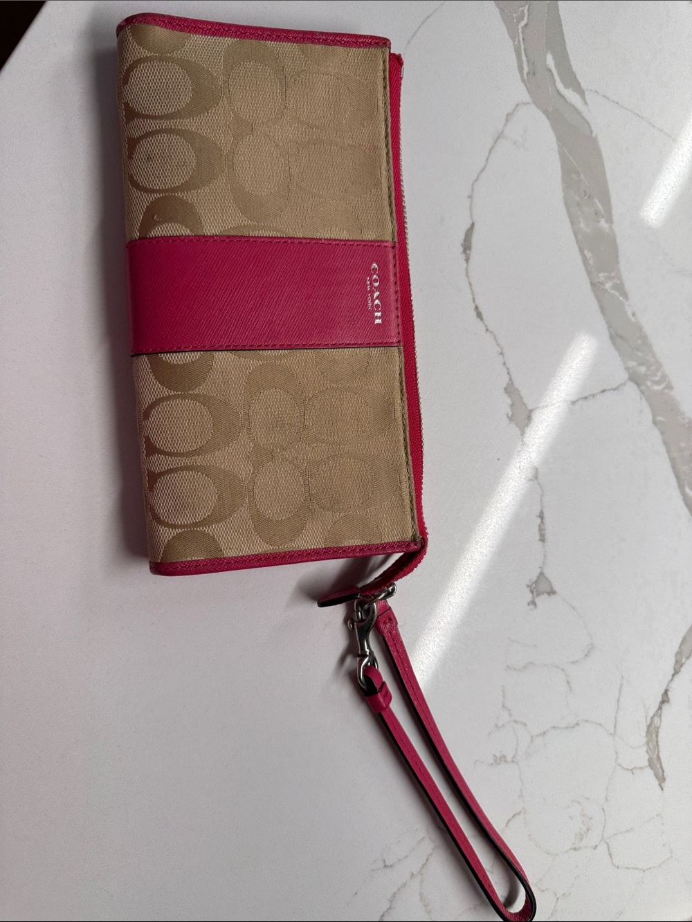 Coach Signature Canvas Wristlet - Hot Pink & Khaki